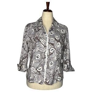 Anne Fontaine Women's Yveline Blazer Top Size 5 L Brown Geo 3/4 Sleeve Italy